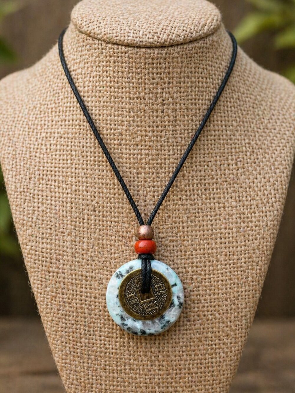 Kiwi Jasper Gemstone Necklace with Lucky Coin | Handmade - Picture 5 of 7